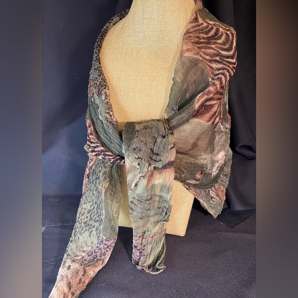 Vintage Lightweight Micro-Crinkled Safari Animal Print Square Scarf. 38” X 38”.